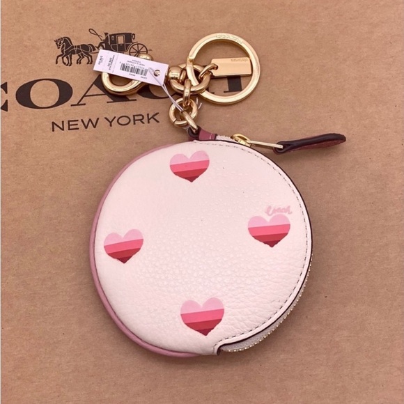 COACH CIRCULAR COIN POUCH KEY/BAG CHARM WITH HEART PRINT - Picture 1 of 8